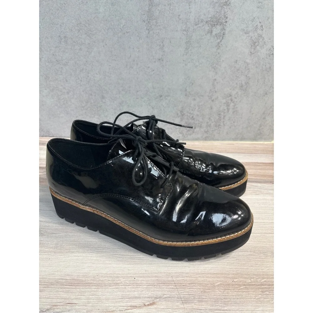 Eileen Fisher Eddy Derby SZ 9 Black Patent Leather Lace Up Oxford Platform Shoes